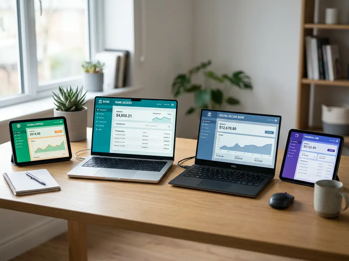 Verschiedene Online-Banking-Marken österreichischer Hausbanken auf einem Schreibtisch — George, Mein ELBA, eBanking, 24You
