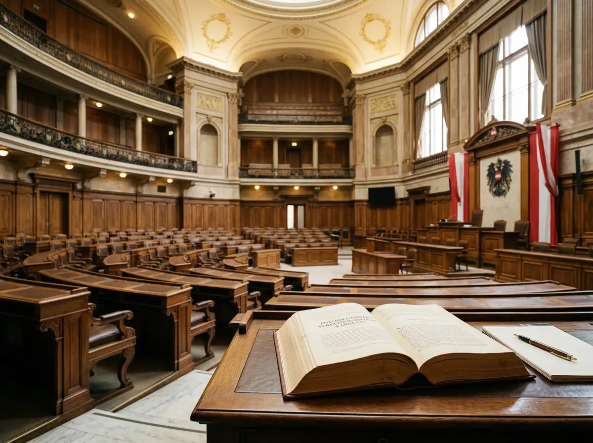 Symbolisches Bild der österreichischen Glücksspielreform 2026/2027 — Parlament, Gesetzbuch und Konzessionsdokumente