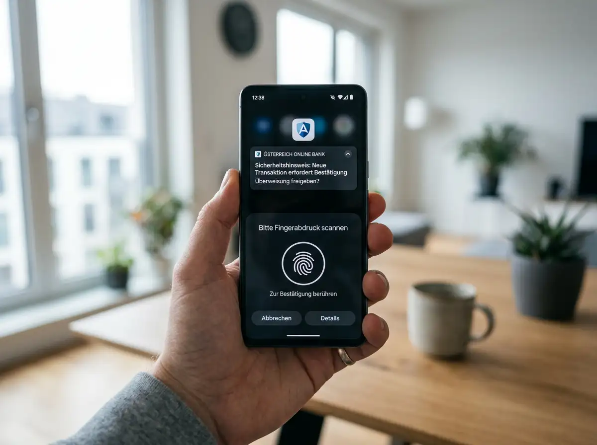 Smartphone mit geöffneter österreichischer Banking-App, biometrische Freigabe einer eps-Transaktion